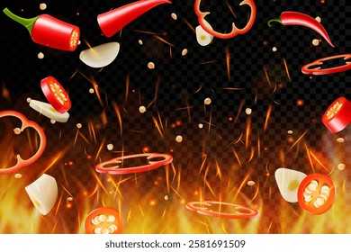 Hot chili pepper and garlic on fire background. Flying and burning vegetables on dark background. Red chili pepper splashing, garlic, Vector realistic in 3D illustration.