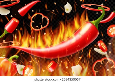 Hot chili pepper and garlic on fire background. Flying and burning vegetables on dark background. Red chili pepper splashing, garlic, Vector realistic in 3D illustration.