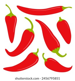 Conjunto de iconos de pimiento picante. Pimientos de cayena de chile rojo fresco. Especias de comida caliente. Estilo de vida saludable. Plantilla de impresión de pegatina. Símbolo de signo simple. Diseño plano. Fondo blanco. Aislado. Ilustración vectorial