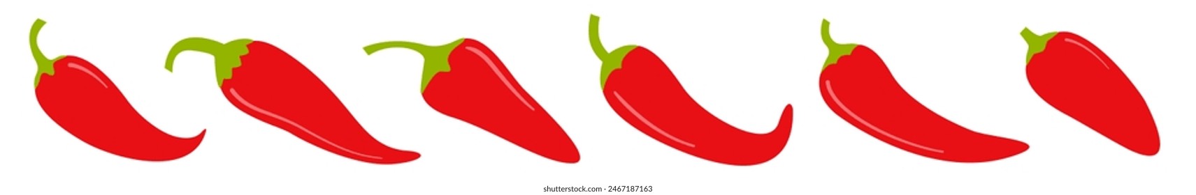 Conjunto de iconos de pimiento picante. Anuncio de línea de pimientos de cayena de chile rojo fresco. Especias de comida caliente. Estilo de vida saludable. Plantilla de impresión de pegatina. Símbolo de signo simple. Diseño plano. Fondo blanco. Aislado. Vector