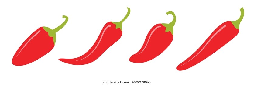 Hot chili pepper icon set. Fresh red chili cayenne peppers line banner. Hot food spices. Sticker print template. Healthy lifestyle. Simple sign symbol. Flat design. Isolated. White background. Vector