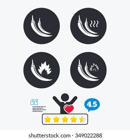 Hot chili pepper icons. Spicy food fire sign symbols. Star vote ranking. Client like and think bubble. Quotes with message.