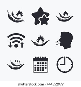 Hot chili pepper icons. Spicy food fire sign symbols. Wifi internet, favorite stars, calendar and clock. Talking head. Vector