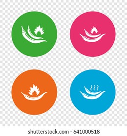 Hot chili pepper icons. Spicy food fire sign symbols. Round buttons on transparent background. Vector