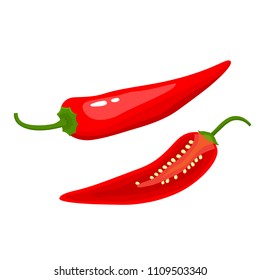 Pimienta picante aislada sobre fondo blanco. Ilustración vectorial de las especias enteras y cortadas fragantes de la historieta usadas para las páginas de la revista, del cartel, de la tarjeta, de la cubierta del menú y del Web.
