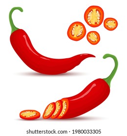 Hot chili pepper isolated on white background. Whole, half and chopped red chili. Vector illustration, flat style.