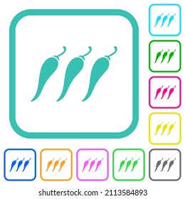 Hot chili pepper level vivid colored flat icons in curved borders on white background