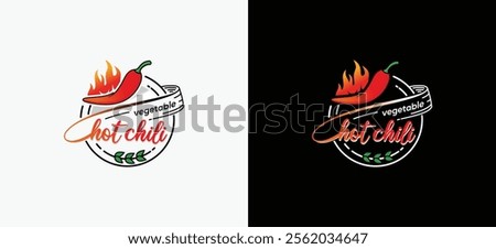 Hot chili pepper logo design template with fire symbol, fresh red chili fruit vector label symbol