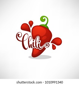 Hot chili pepper logo, icon and emblem, with hand drawn lettering composition