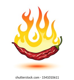 Hot chili pepper on fire, vector illustration