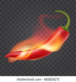 Hot chili pepper on fire. Flame around red pepper. Isolated on transparent background. Realistic illustration. Vector eps 10.