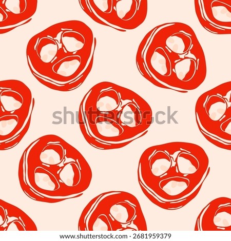 Hot chili pepper pattern. Seamless print of spicy paprika vegetable, red cayenne pepper vegetable, sliced rings of red chilli pepper repeated background flat style. Vector texture.