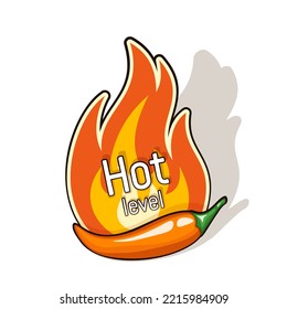 Hot chili pepper pod and fire flame from behind. Hot level of spiciness. Logo design for hot sauces or other spicy food