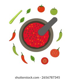 Chile picante. Ilustración dibujada a mano de chile rojo. Vibrante ilustración de chile rojo. Pimienta roja dibujada a mano. Ilustración vectorial plana de colección sambal con ingredientes auténticos