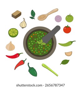 pimenta picante. Ilustração desenhada à mão de pimenta vermelha. Ilustração vibrante da pimenta vermelha. Pimenta vermelha desenhada à mão. Ilustração de vetor plano da coleção de sambal com ingredientes autênticos