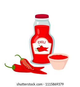 Hot chili pepper sauce in bottle and jar isolated on white background. Vector illustration of cartoon fragrant spices sauce used for magazine, poster, card, menu cover and web pages.