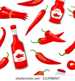 Hot chili pepper and sauce bottle seamless on white background. Vector pattern with cartoon spice vegetable used for magazine, poster, card, menu cover and web pages.