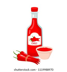 Hot chili pepper sauce in bottle and jar isolated on white background. Vector illustration of cartoon fragrant spices sauce used for magazine, poster, card, menu cover and web pages.