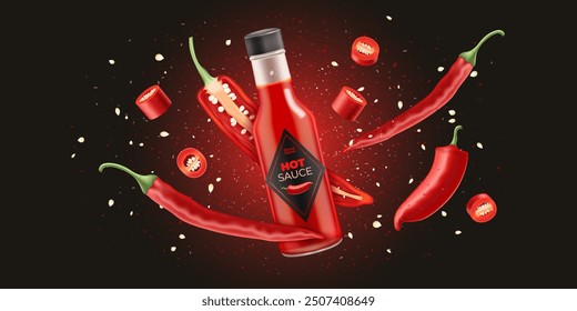 Hot chili pepper sauce bottle product ads with flying red chili whole, piece and slices of chili pepper on dark red background. Vector realistic 3D illustration.