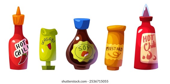 Hot chili pepper sauce bottle. Red spice ketchup illustration. Chilly mustard with sriracha condiment in container. Soy paste package with cayenne chilli symbol pack. Advertising jalapeno cartoon