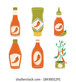 Hot chili pepper sauces icon set design of spicy vegetable and food theme Vector illustration