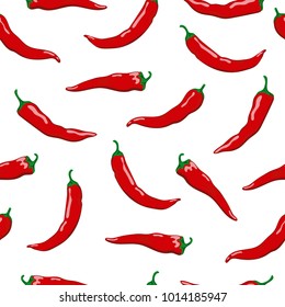 Hot chili pepper seamless pattern. Bright red peppers on white background.