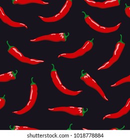 Hot chili pepper seamless pattern. Bright hand drawn peppers on black background.