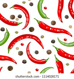 Hot chili pepper seamless pattern on white background. Mexican green and red jalapeno. Peppercorns, allspice. Vector illustration in flat, simple style.