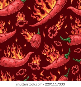 Hot chili pepper seamless pattern colorful with fire symbolizing bitter taste for restaurant menu decorations vector illustration