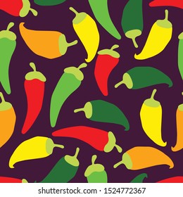 Hot chili pepper seamless repeating background - orange, purple, green yellow peppers