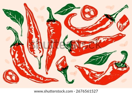 Hot chili pepper set. Red spicy capsaicin peppers risograph print effect, vintage whole and half ripe peppers, organic vegetable ingredient, abstract farm food. Vector collection.