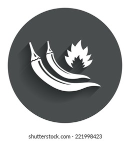 Hot chili pepper sign icon. Spicy food fire symbol. Circle flat button with shadow. Modern UI website navigation. Vector