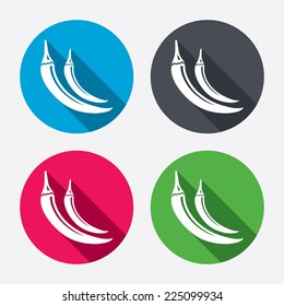 Hot chili pepper sign icon. Spicy food symbol. Circle buttons with long shadow. 4 icons set. Vector
