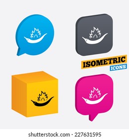 Hot chili pepper sign icon. Spicy food fire symbol. Isometric speech bubbles and cube. Rotated icons with edges. Vector