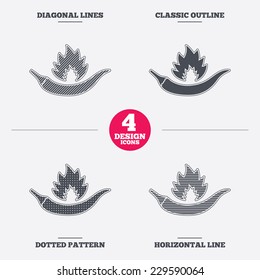 Hot chili pepper sign icon. Spicy food fire symbol. Diagonal and horizontal lines, classic outline, dotted texture. Pattern design icons.  Vector