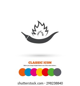 Hot chili pepper sign icon. Spicy food fire symbol. Classic flat icon. Colored circles. Vector