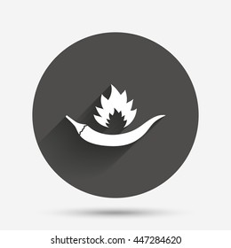 Hot chili pepper sign icon. Spicy food fire symbol. Circle flat button with shadow. Vector
