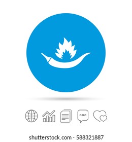 Hot chili pepper sign icon. Spicy food fire symbol. Copy files, chat speech bubble and chart web icons. Vector