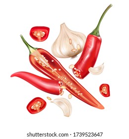 Hot chili pepper with chili splashing, garlic elements isolated on solid color background. Vector realistic in 3D illustration.