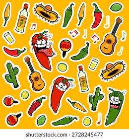 Conjunto de adesivo de pimenta de pimenta quente. Hot cartoon jalapeno Cinco de Mayo festa coleção adesivo pacote patches, rótulos, etiquetas. Um violão, tequila, um cacto, pimentão e maracas. Conjunto de ilustrações vetoriais