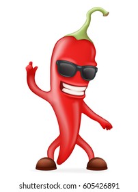 Hot Chili Pepper Sunglasses Happy Character Realistic Design Vector illustration