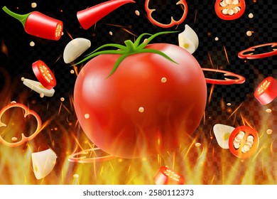 Hot chili pepper, tomato and garlic clove on fire background. Flying and burning vegetables on dark background. Red chili pepper splashing, garlic, Vector realistic in 3D illustration.