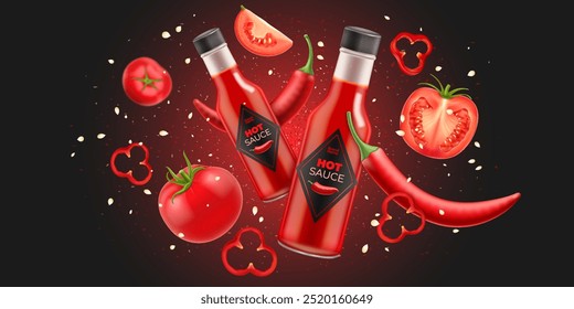 Anúncios de pimenta quente e garrafa de molho de tomate com voando inteiro, peça e legumes de fatia no fundo escuro. Ketchup garrafa maquete realista.