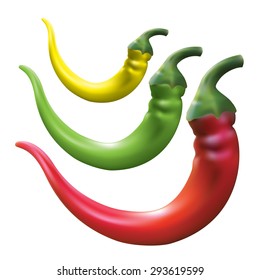 Hot chili pepper. Vector set of different color and isolated on a white background