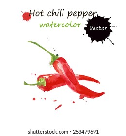 Hot chili pepper, watercolor painting on white background, vector illustration