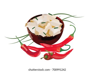 Hot Chili peppers with Bulgarian cheese and onion. Vector.