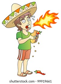 Hot Chili Peppers; Hot Burrito; young man; food test; vector illustration