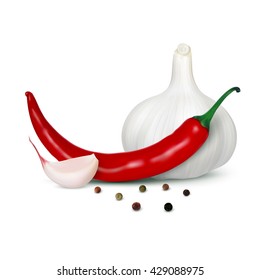 Hot chili peppers with garlic and black peppers isolated on white background