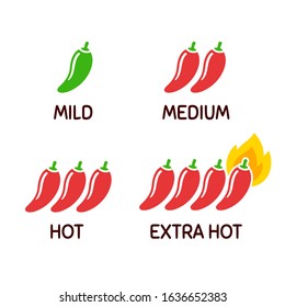 Hot chili peppers icon set. Level of spicy from mild to extra hot with fire flame. Simple and cute cartoon vector clip art illustration.