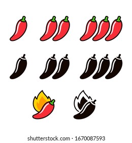 Hot chili peppers icon set in color and black and white. Three levels of spicyness, extra hot with fire flame. Simple and cute cartoon vector clip art illustration.